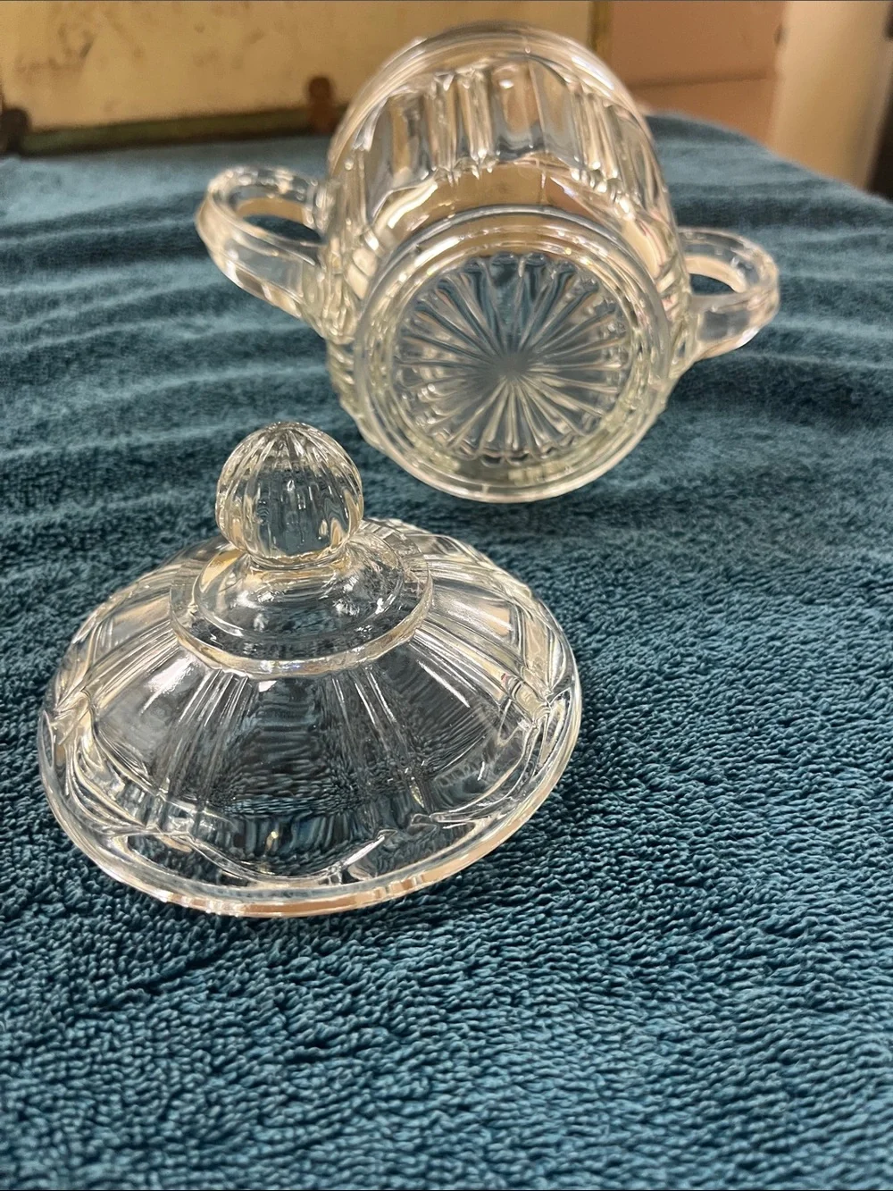 Vintage double handled glass sugar dish with cover